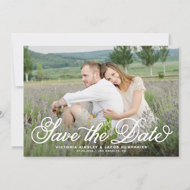 White Rustic Whimsical Script Floral Photo Save The Date (Front)