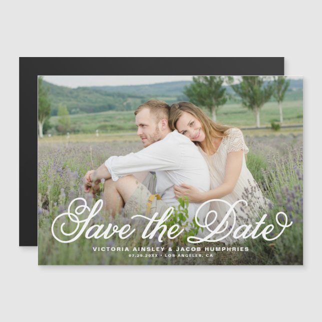 White Rustic Whimsical Script Photo Save the Date Magnetic Invitation (Front/Back)