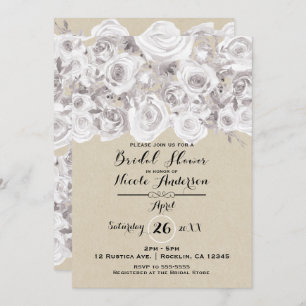 White Rustic Winter Roses Kraft Bridal Shower Invitation