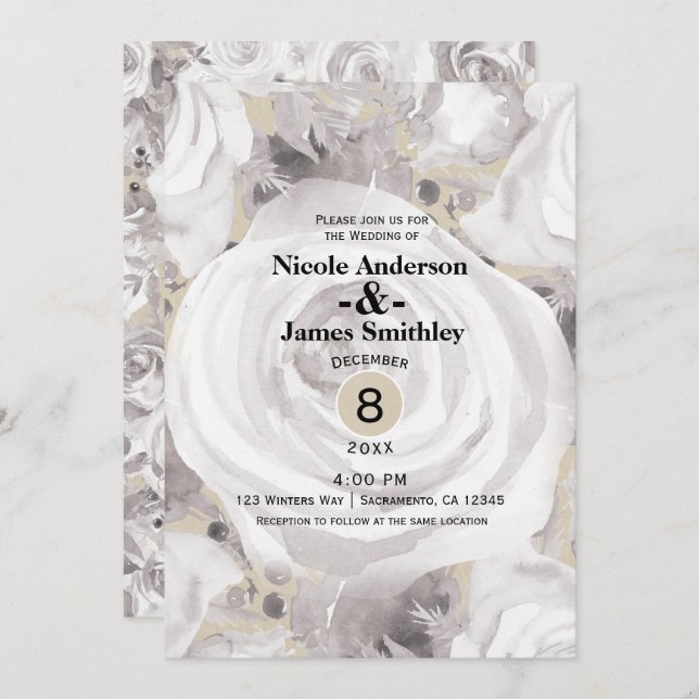White Rustic Winter Roses Kraft Wedding Invitation (Front/Back)
