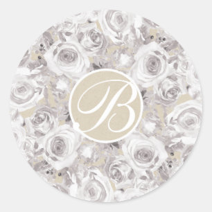 White Rustic Winter Roses Monogram Letter Initial Classic Round Sticker