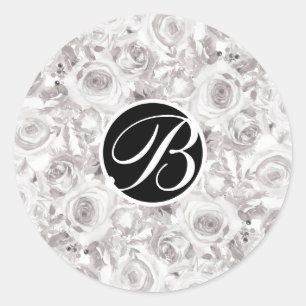 White Rustic Winter Roses Monogram Letter Initial Classic Round Sticker