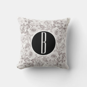 White Rustic Winter Roses Monogram Letter Initial Cushion