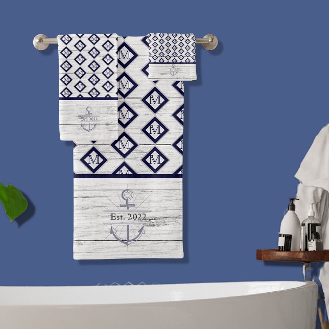 White Rustic Wood Beach House Lake House Navy Blue Bath Towel Set (Creator Uploaded)
