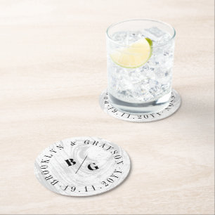 White Rustic Woodgrain Texture Chic Winter Wedding Round Paper Coaster