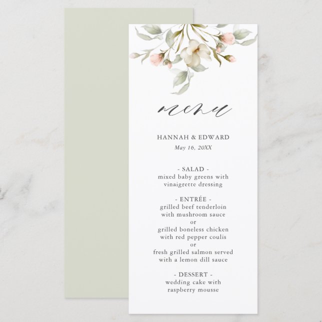 White Sage Blush Elegant Floral Wedding Menu (Front/Back)