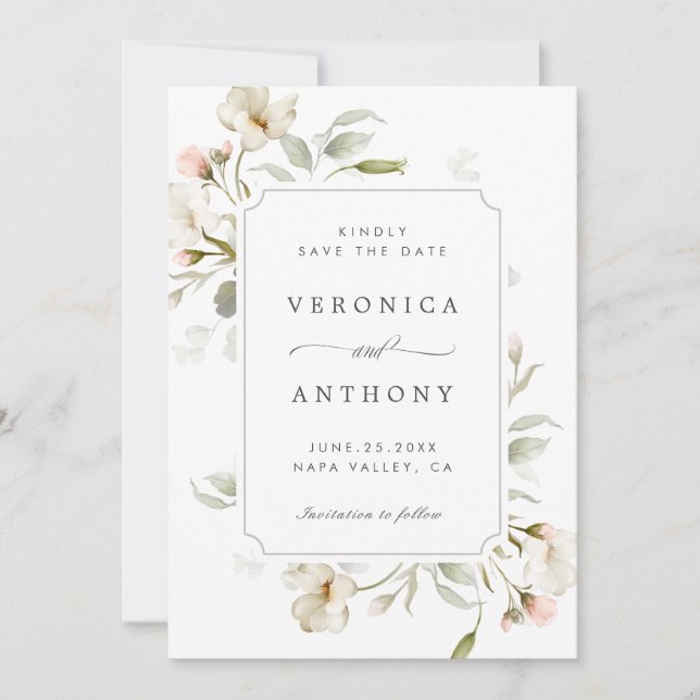 White Sage Blush Elegant Floral Wedding Photo  Save The Date (Front)