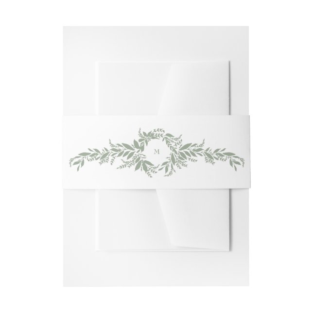 white sage green botanical wreath monogram wedding invitation belly band (Front Example)
