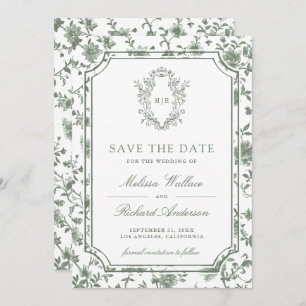 White Sage Green Chinoiserie Crest Photo Wedding Save The Date