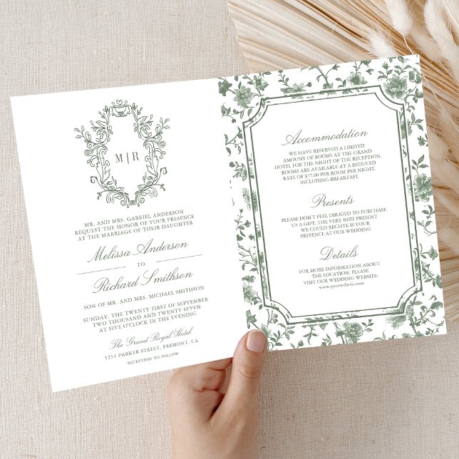 White Sage Green Chinoiserie Crest QR Code Wedding Invitation (Creator Uploaded)