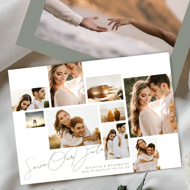 White Sage Green Collage Multi Photo Wedding Save The Date (Creator Uploaded)