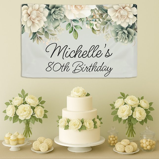 White Sage Green Floral 80th Birthday Banner (Elegant sage green and cream watercolor floral birthday banner)