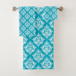 White & Sage Green Floral Damasks Pattern Bath Towel Set