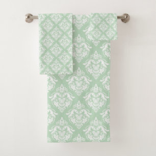 White & Sage Green Floral Damasks Pattern Bath Towel Set