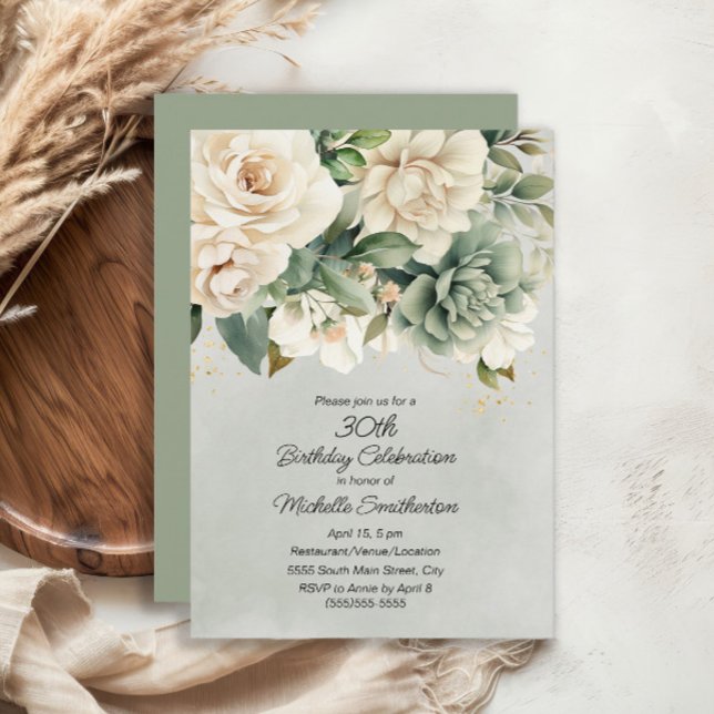 White Sage Green Floral Gold 30th Birthday Invitation (White and sage green floral 30th birthday invitation)
