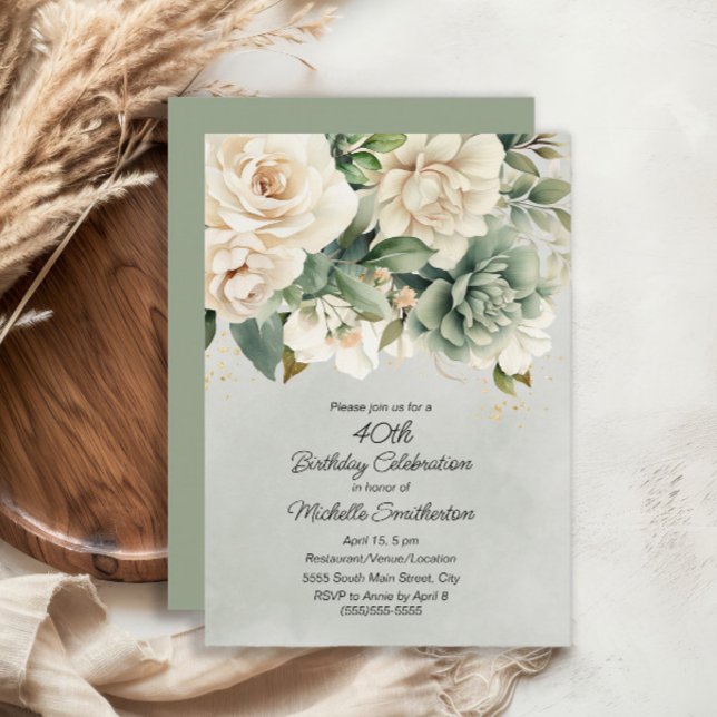 White Sage Green Floral Gold 40th Birthday Invitation (White and sage green floral 40th birthday party invitation)