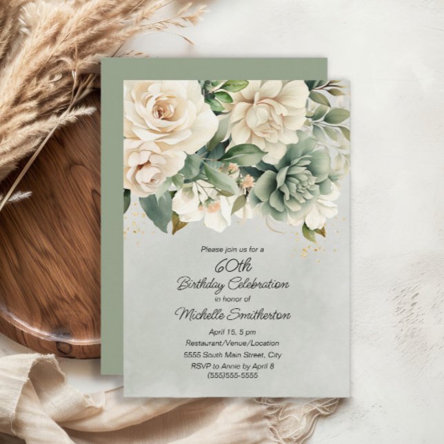 White Sage Green Floral Gold 60th Birthday Invitation (White and sage green floral 60th birthday party invitation)