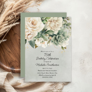 White Sage Green Floral Gold 75th Birthday Invitation