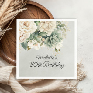 White Sage Green Floral Gold 80th Birthday Napkin