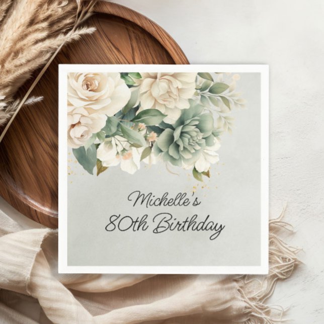 White Sage Green Floral Gold 80th Birthday Napkin (White and sage green watercolor floral birthday party paper napkins)