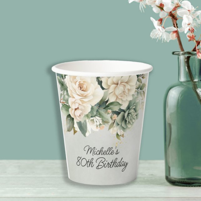 White Sage Green Floral Gold 80th Birthday Paper Cups (White and sage green floral birthday party paper cups)