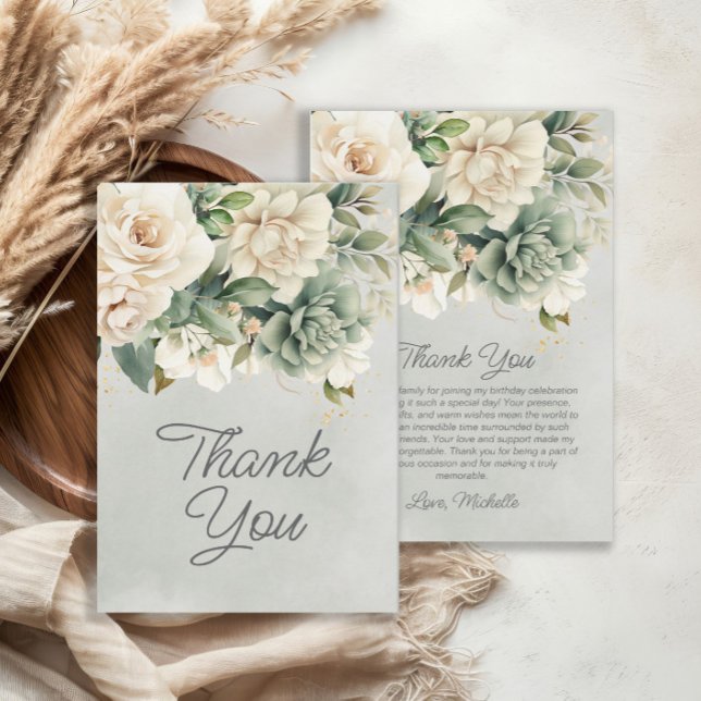 White Sage Green Floral Gold Birthday Thank You Card (Elegant white and sage green floral birthday party "Thank You" card)