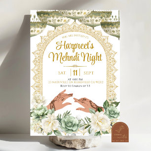 White Sage Green Floral Mendhi Henna Invitation