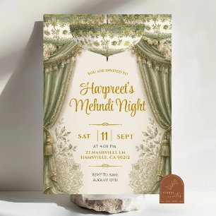 White Sage Green Floral Mendhi Night Invitation