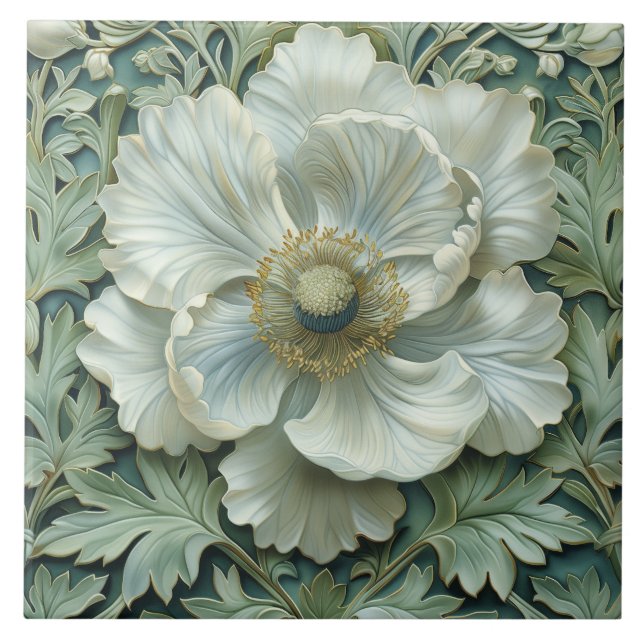 White Sage Green Flower Art Nouveau Tile (Front)