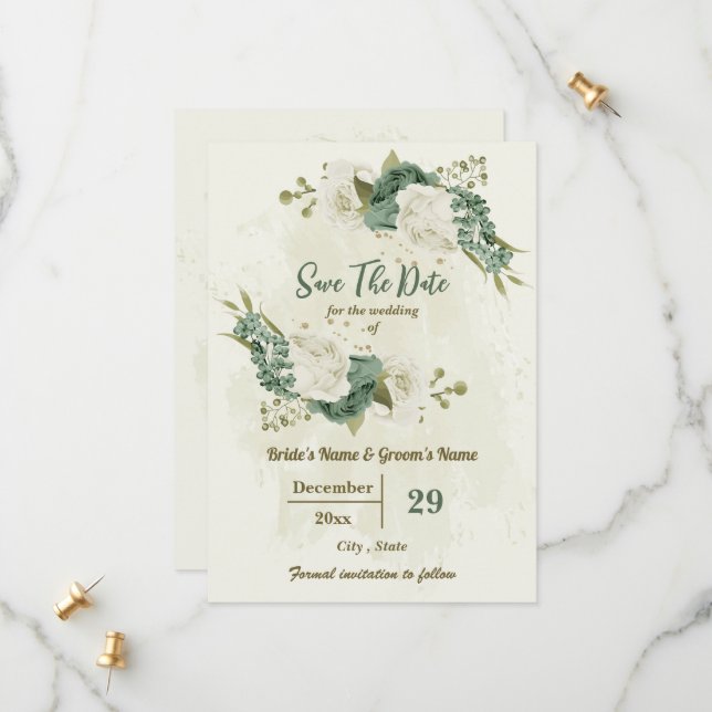 white & sage green flowers botanical wedding save the date (Front/Back In Situ)
