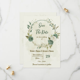 white & sage green flowers botanical wedding save the date