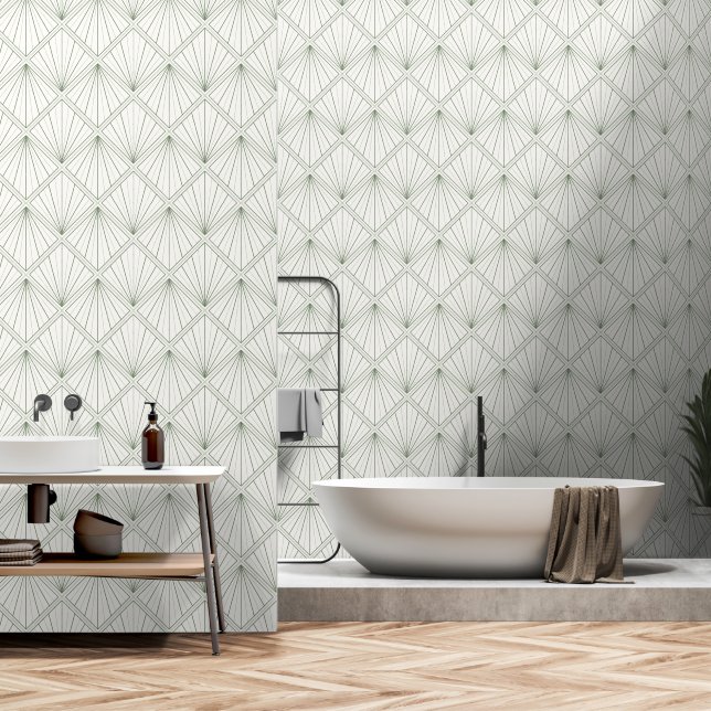White Sage Green Geometric Pattern Wallpaper (Bathroom)