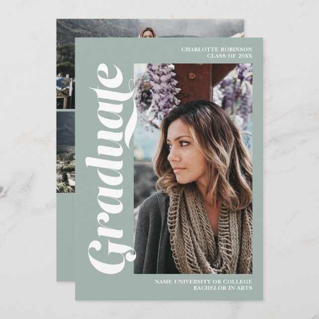 White sage green graduate script photo graduation invitation (Front/Back)