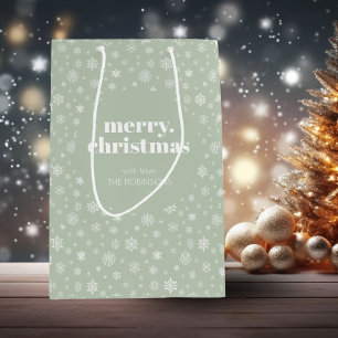 White Sage Green Merry Christmas Snowflake Pattern Medium Gift Bag