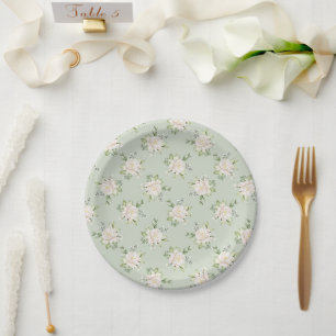 White & Sage Green Peony Elegant Paper Plates