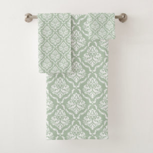 White Sage-green Vintage Damask Pattern Bath Towel Set