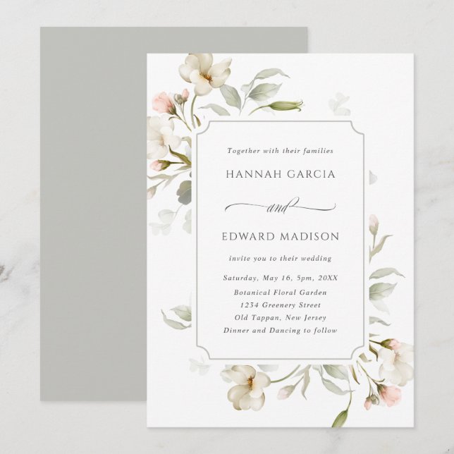 White Sage Grey Elegant Floral Wedding  Invitation (Front/Back)