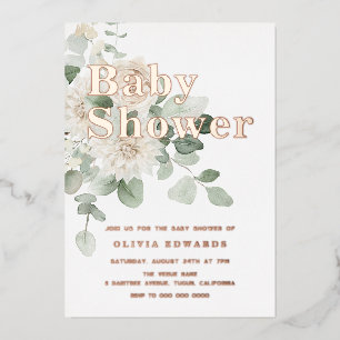 White & Sage Rose Gold Baby Shower Foil Invitation