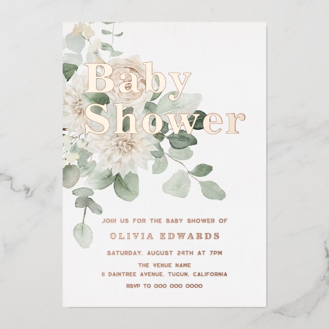White & Sage Rose Gold Baby Shower Foil Invitation (Front)
