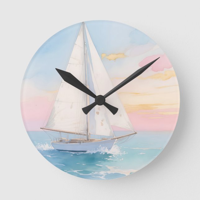 White Sailboat Ocean Glow Round Clock (Front)