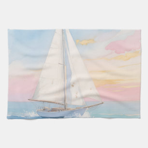 White Sailboat Ocean Glow Tea Towel