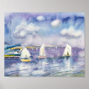 White Sailboats on Lavender Blue Sea Watercolor Poster