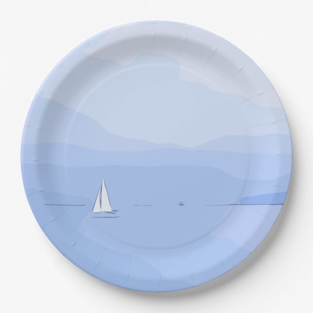 White Sailing boat in the lake on blue sky Paper Plate (Front)