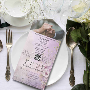 White Sakura Cherry Blossom Purple QR Code Photo All In One Invitation