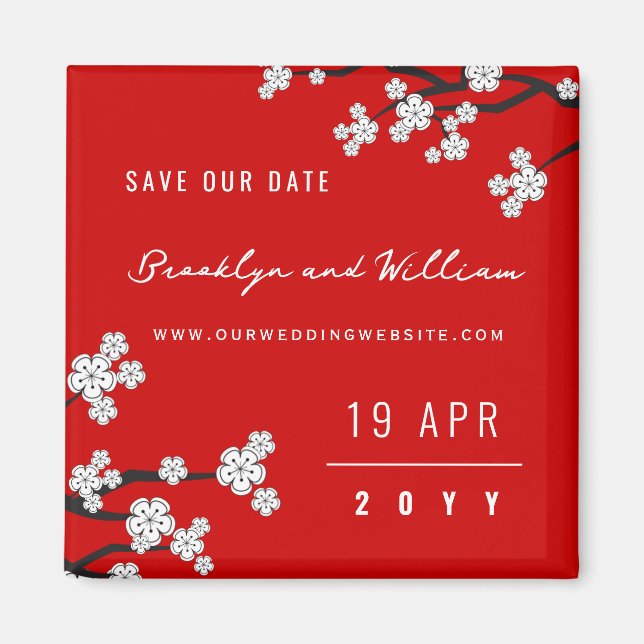 White Sakura Cherry Blossoms Asian Save The Date Magnet (Front)