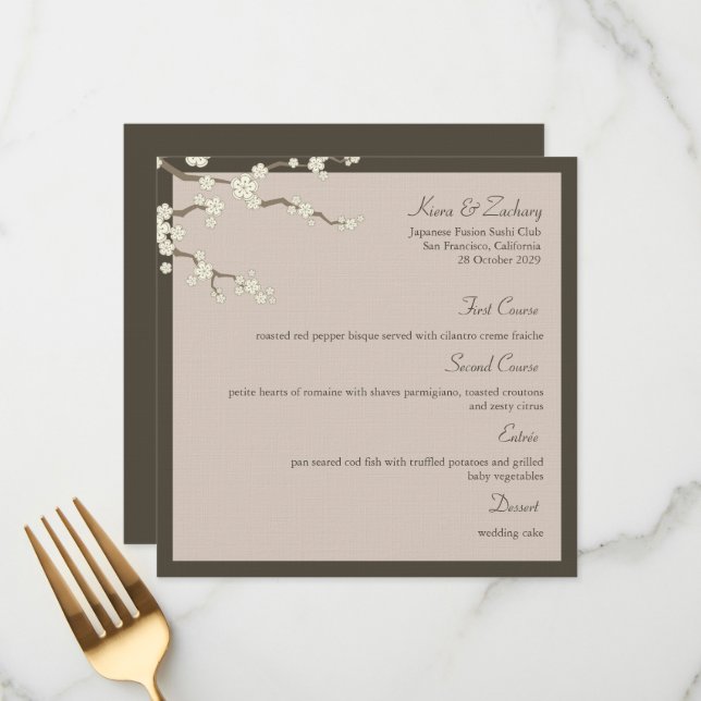 White Sakura Cherry Blossoms Modern Asian Wedding Menu (Front/Back In Situ)