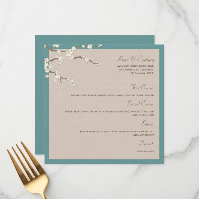 White Sakura Cherry Blossoms Modern Asian Wedding Menu (Front/Back In Situ)