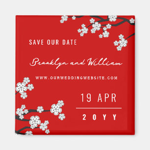 White Sakura Cherry Blossoms Save The Date Magnet