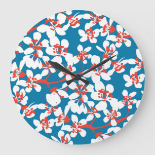 White sakura, classic blue background pattern. large clock