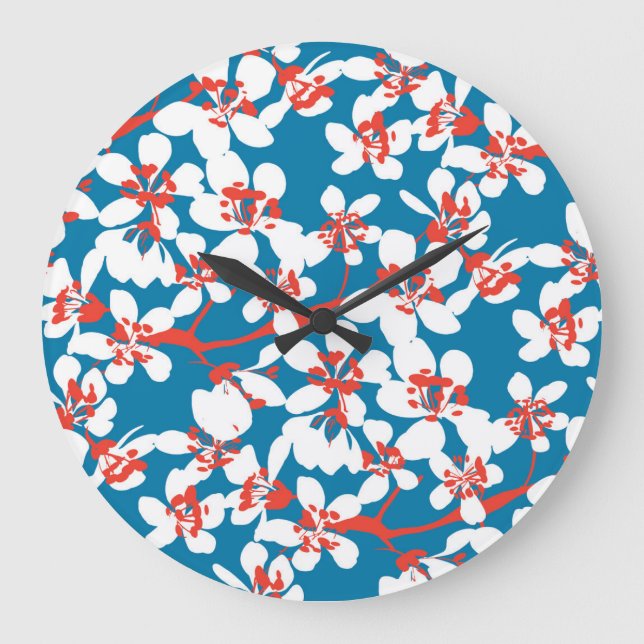 White sakura, classic blue background pattern. large clock (Front)